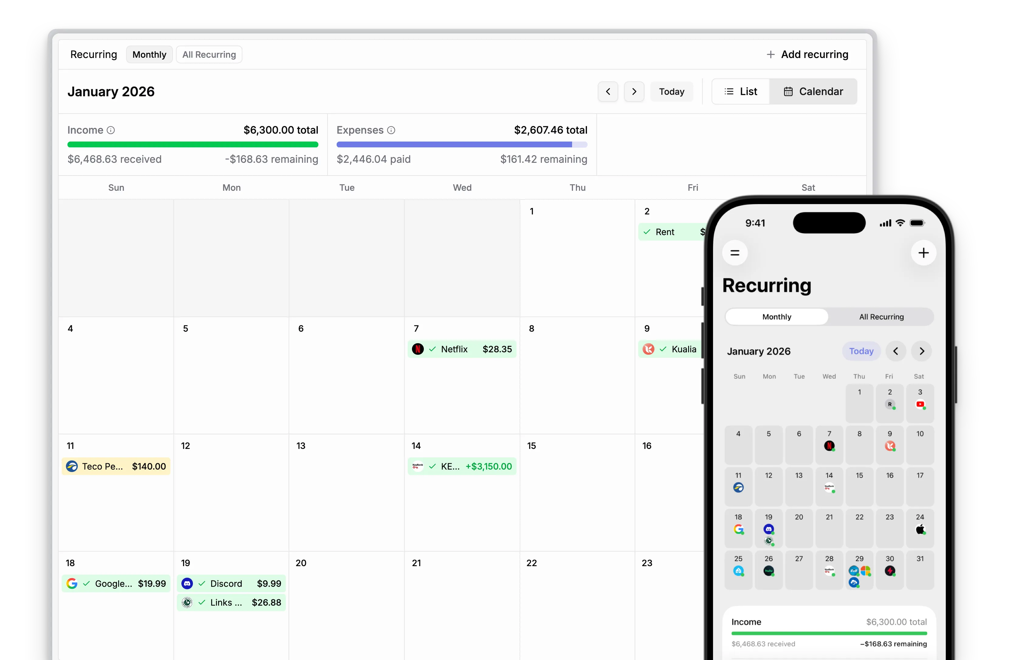 Kualia recurring transactions screenshot